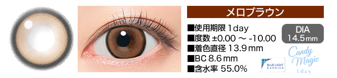 candymagic 1day  DIA14.5mm 使用期限1day 度数±0.00～-10.00 BC8.6mm 含水率55%